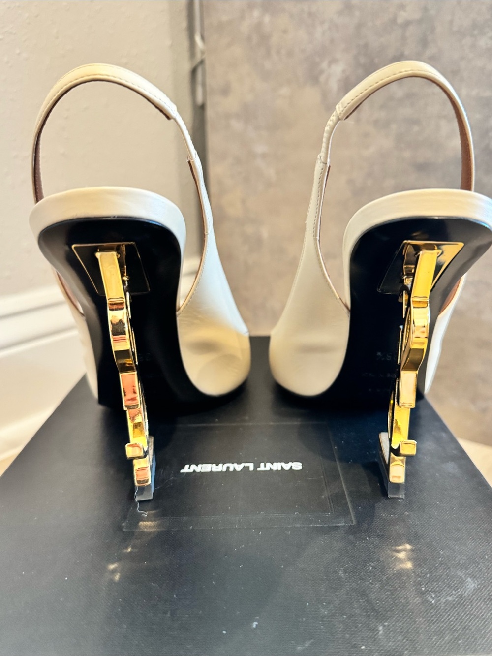 Saint Laurent YSL Opyum 100mm Ivory Slingback Pumps YSL Logo Heel - Picture 6 of 14